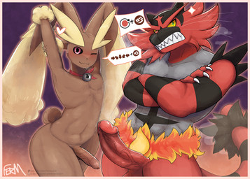 anthro balls black_sclera border brown_body brown_fur claws crossed_arms duo erection femboy fighting_game_ui foreskin fur genitals glans humanoid_genitalia humanoid_penis long_ears looking_at_viewer male muscular muscular_anthro muscular_male one_eye_closed orange_border penis penis_size_difference red_body red_fur retracted_foreskin sharp_teeth teeth unretracted_foreskin whiskers wink winking_at_viewer fermusieboir4 nintendo pokemon felid generation_4_pokemon generation_7_pokemon incineroar lagomorph lopunny mammal pokemon_(species) absurd_res hi_res