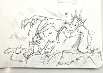 anthro bottomless bottomwear buckteeth chest_tuft claws clothed clothing cotton_tail dancing duo fangs fur hair half-closed_eyes hand_holding heart_symbol male male/male narrowed_eyes navel pants paws pointy_ears sagging_pants shirt smile teeth topwear tree_stump tuft vest piti_yindee billy_buns hank_howell_(piti_yindee) avian bird canid canine canis lagomorph leporid mammal rabbit wolf 2025 graphite_(artwork) hi_res sketch traditional_media_(artwork)