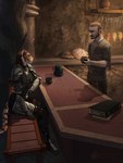 anthro armor barrel beverage book bread clothed clothing duo female fist food furniture light male table tavern tea techiesxc microsoft the_elder_scrolls felid human khajiit mammal 3:4 hi_res