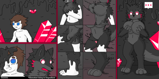 anthro big_breasts black_body black_bottomwear black_clothing black_eyes black_hair black_latex black_pants black_tail blue_eyes bottomwear breast_grab breast_growth breasts brown_hair bulge clothing eyelashes female gender_transformation goo_transformation grey_body grey_tail growth hair hand_on_breast heart_symbol human_to_anthro latex male mtf_transformation pants penis_to_vagina_tf pupils red_crystal red_pupils shocked slime solo species_transformation spreading tail thick_thighs transformation decorea changed_(video_game) lin_(changed) canid canine canis crystal_wolf_(changed) human mammal wolf comic hi_res