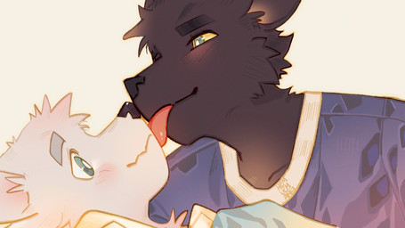 anthro black_body black_fur blue_clothing blue_eyes blue_shirt blue_topwear clothing duo fur licking licking_another male male/male shirt slim_anthro slim_male tongue topwear white_body white_fur yellow_sclera zigzag_mouth hemuchang 16:9 2022 hi_res widescreen