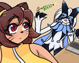 anthro brown_body brown_hair clothed clothing computer duo electronics female hair laptop male open_mouth simple_background kwerty_mx gameoverse glitch_productions nintendo pokemon fan_character glace_(cris79x) kit_bodega domestic_cat felid feline felis generation_9_pokemon mammal meowscarada pokemon_(species) crossover