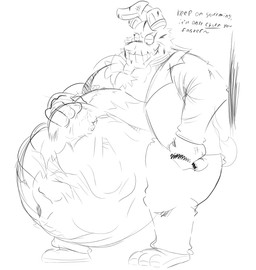 anthro belly belly_hair big_belly body_hair chest_hair clothing dialogue hand_on_belly huge_belly jacket machine male male_pred navel same_size_vore scratch text topwear vore special_roses five_nights_at_freddy's five_nights_at_freddy's_3 scottgames springtrap_(fnaf) animatronic lagomorph leporid mammal rabbit robot hi_res monochrome