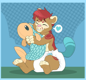 ambiguous_gender anthro big_diaper blue_border blue_tail blue_tail_tip blush blush_lines border brown_body brown_fur brown_inner_ear buckteeth clean_diaper clothed clothing diaper diaper_only dipstick_tail dotted_background eyes_closed feet fingerless_(marking) fur hair heart_symbol holding_object holding_plushie markings multicolored_body multicolored_fur pattern_background pink_nose plushie red_body red_fur red_hair red_spots simple_background sitting solo speech_bubble spots spotted_body spotted_face spotted_fur tail tail_markings tan_body tan_ears tan_fur teeth three-quarter_view toeless_(marking) topless wearing_diaper whisker_spots white_diaper young young_ambiguous young_anthro bubblepuppers kvikk_(littlekvikk) aquatic beaver fish mammal rodent full-length_portrait hi_res portrait