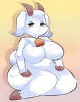 2_horns anthro bell bell_collar belly big_breasts blush breasts chest_tuft collar collar_only eyelashes featureless_breasts female fur hair half-closed_eyes hooves horizontal_pupils horn huge_breasts narrowed_eyes navel nude pupils shadow simple_background slightly_chubby smile solo tail thick_thighs tuft white_body white_fur white_hair wide_hips onigiri_punch bovid caprine goat mammal absurd_res digital_drawing_(artwork) digital_media_(artwork) hi_res