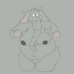 anthro big_breasts breasts eyelashes female genitals grey_background grey_body hooves inverted_nipples muffin_top muffin_top_(general_use) navel nipples overweight overweight_anthro overweight_female proboscis_(anatomy) pussy simple_background solo surprise thick_thighs trunk_(anatomy) jodero elephant elephantid mammal proboscidean absurd_res hi_res