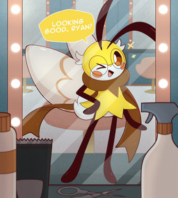 ambiguous_gender antennae_(anatomy) anthro black_arms black_body black_eyes black_legs brown_eyes brown_scarf chair cheek_spots clippers detailed_background eyewear furniture glasses hair hand_on_hip insect_wings long_scarf makeup mirror one_eye_closed open_mouth open_smile pupils razor reflection rimless_glasses round_glasses scarf scissors scut_tail short_tail smile solo sparkles speech_bubble spray_bottle standing tail text tools water_spray white_body white_hair white_pupils white_tail wings wink yellow_body usv02 nintendo pokemon generation_7_pokemon pokemon_(species) ribombee 2025 english_text hi_res male_(lore)