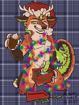 animal_genitalia anthro antlers balls beverage biped black_body black_fur box candy chocolate christmas_clothing christmas_decorations christmas_headwear christmas_lights cinnamon_(spice) clothing container dairy_products dessert dick_in_a_box digitigrade erection food fur genital_piercing genitals gift_box glans green_body green_fur green_hair green_penis hair hat headgear headwear holding_box holding_container holding_glass holding_object holidays hoof_hands horn hot_chocolate humanoid_genitalia humanoid_penis hybrid_genitalia hybrid_penis inviting kneeling_oral_position lidded_eyes looking_at_viewer male markings pattern_background pawpads paws penis penis_piercing piercing plaid plaid_background presenting presenting_penis prince_albert_piercing santa_hat sheath sheathed_humanoid_penis simple_background smile smiling_at_viewer smirk smirking_at_viewer solo spiked_tail spikes spikes_(anatomy) spots spotted_body spotted_fur tail tail_tuft tan_body tan_fur tuft whipped_cream whiskers littlestfuzz christmas rusko deer dutch_angel_dragon hybrid mammal 2025 absurd_res hi_res