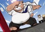 5_toes anthro barefoot belly bottomwear brown_body brown_fur clothing feet flip_flops foot_focus footwear fur group humanoid_hands kemono male necktie outside overweight overweight_male pants sandals shirt shoes toes topwear gatoggy bear canid canine canis domestic_dog mammal 2021