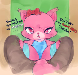 ambiguous_gender between_legs black_text blue_clothing blue_leotard blush blush_lines bow_ribbon camel_toe chibi clothed clothed_female clothed_feral clothing dialogue duo ellipsis exclamation_point eyebrows eyelashes feet female female_feral feral first_person_view fur glistening glistening_eyes hindpaw legwear leotard looking_at_viewer mostly_offscreen_ambiguous mostly_offscreen_character multicolored_body open_mouth pawpads paws pink_body pink_eyes pink_fur pink_inner_ear pink_nose pink_pawpads pink_tail presenting presenting_camel_toe presenting_crotch raised_eyebrow red_ribbon red_text simple_background solo_focus spread_legs spreading stretching tail talking_feral talking_to_viewer text white_body white_text ligma_(artist) jewelpet sanrio sega sega_fave garnet_(jewelpet) ambiguous_species domestic_cat felid feline felis mammal persian_cat 2026 digital_media_(artwork) english_text hi_res shaded