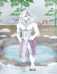 abs dripping female fur genitals hair hot_spring looking_at_another male nude_anthro nude_male outside peeping penis red_hair snow spying steam towel water water_droplets white_body white_fur zombikiss canid canine felid fox lion mammal pantherine hi_res