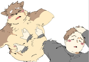 anthro belly blush clothed clothing duo embarrassed fur grey_body grey_fur groping_chest male male/male musclegut muscular nipples pecs topless topless_anthro topless_male tofu2786 lifewonders naoya_hair_flip tokyo_afterschool_summoners chubby_protagonist_(tas) moritaka_(tas) protagonist_(tas) canid canine canis domestic_dog human mammal meme