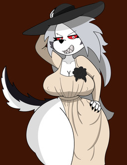 anthro big_breasts breasts clothed clothing cosplay curvy_figure dress eyebrow_piercing facial_piercing female flower grey_hair hair hat headgear headwear huge_breasts long_hair looking_at_viewer nipple_outline no_underwear piercing plant red_sclera rose_(flower) sharp_teeth smile solo sun_hat sundress teeth thick_thighs voluptuous white_eyes wide_brim_hat wide_hips hashidoodle capcom hellaverse helluva_boss mythology resident_evil alcina_dimitrescu loona_(helluva_boss) bow_experiment_(resident_evil) cadou_host_(resident_evil) canid canid_demon canine demon hellhound mammal mythological_canine mythological_creature vampire absurd_res hi_res
