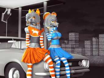 anthro armwear blue_armwear blue_bottomwear blue_clothing blue_crop_top blue_elbow_gloves blue_gloves blue_handwear blue_shirt blue_skirt blue_topwear bottomwear breasts car choker city cityscape clothed clothing crop_top crossdressing duo elbow_gloves female femboy fishnet_tank_top floppy_ears fur gas_station gloves grey_body grey_fur hair handwear heart_choker horn jewelry legwear male necklace night orange_armwear orange_bottomwear orange_clothing orange_crop_top orange_elbow_gloves orange_eyes orange_gloves orange_handwear orange_horn orange_shirt orange_skirt orange_topwear pattern_armwear pattern_clothing pattern_elbow_gloves pattern_gloves pattern_handwear pattern_legwear pattern_thigh_highs shirt sitting skirt striped_armwear striped_clothing striped_elbow_gloves striped_gloves striped_handwear striped_legwear striped_thigh_highs stripes thigh_highs topwear under_boob vehicle conditional_dnp gusta chevrolet_camaro gusta_(gusta) gusty_(gusta) bovid caprine chinchilla chinchillid goat mammal rodent 4:3 hi_res spot_color herm_(lore)