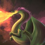 abstract_background ambiguous_gender breath_powers elemental_manipulation feral fire fire_breathing fire_manipulation green_body green_wings horn long_neck mane membrane_(anatomy) membranous_wings open_mouth purple_horn purple_mane side_view solo wings yellow_body yellow_eyes crazydrak mythology dragon mythological_creature mythological_scalie scalie 1:1 2021 absurd_res dated hi_res signature