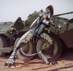 ak-47 ak_platform anthro apc armored_vehicle assault_rifle barefoot breasts brown_hair camo claws clothing duo feet female gun hair handgun jumpsuit knife larger_female male nipple_outline pistol ranged_weapon rifle russian sharp_teeth shoulder_holster size_difference smaller_male stripes tail tank teeth text tight_clothing toe_claws vehicle weapon zaggatar dinosaur dromaeosaurid human mammal prehistoric_species reptile scalie theropod velociraptor 2017 english_text signature