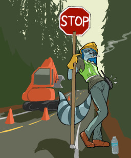 anthro armor blue_hair boots bottomwear cigarette cigarette_in_mouth clothing excavator female footwear gloves hair handwear hard_hat headgear helmet markings object_in_mouth pants plant ring_(marking) ringed_tail safety_vest shirt shoes smoke smoking solo stop_sign street striped_markings striped_tail stripes t-shirt tail tail_markings topwear traffic_cone tree vest hieronymusjohnson mammal procyonid raccoon aliasing binary_drawing digital_drawing_(artwork) digital_media_(artwork)