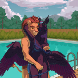 anthro bra breasts clothing duo female fingering horn interspecies lingerie male male/female outside underwear undressing water wings gor1ck nyx_(pen_stroke) 1:1 absurd_res hi_res