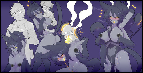 4_arms armor big_breasts black_sclera breasts bulge butt duo female genitals hair hand_on_breast heart_symbol looking_at_viewer looking_up male multi_arm multi_limb nasal_penetration purple_background shocked short_hair simple_background smile surprised tail takeover tentacles tongue tongue_out vulva yellow_eyes yellow_tongue mxl dungeons_and_dragons hasbro wizards_of_the_coast animal_humanoid animate_inanimate displacer_beast felid felid_humanoid human humanoid living_clothing mammal mammal_humanoid 2020 hi_res