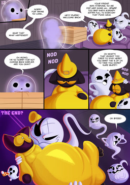 anthro belly big_belly black_body black_ears black_eyes black_fur clothing female fur ghost_tail hat headgear headwear huge_belly hyper hyper_belly male speech_bubble text tongue white_body yellow_clothing yellow_hat yellow_headwear yellow_sclera kiffy_(artist) google google_doodle magic_cat_academy momo_(google) domestic_cat felid feline felis ghost mammal spirit absurd_res comic english_text hi_res