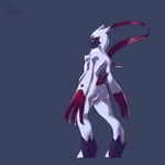 anthro anus breasts butt claws fangs female fur genitals long_claws looking_at_viewer looking_back looking_back_at_viewer nipples nude purple_face pussy simple_background solo standing teeth white_body white_fur gatox_(artist) nintendo pokemon pokemon_legends_arceus generation_8_pokemon pokemon_(species) sneasler 1:1 hi_res