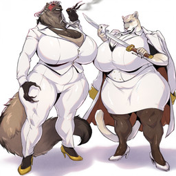 anthro big_breasts breasts cigarette claws clothing duo elderly_female facial_scar female female/female footwear frown grey_hair hair high_heels katana melee_weapon professional_clothes scar shoes sword tail thick_thighs weapon cosmicdanger kasumi_(homura) zelinda_(homura) felid gulonine lion mammal mustelid musteline pantherine wolverine 1:1 hi_res
