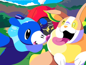 ambiguous_gender black_eyes blue_body duo electricity fangs feral grass green_eyes markings one_eye_closed open_mouth paws plant shrub teeth tent tongue tongue_out whisker_markings sleepy_sealion nintendo pokemon canid canine generation_7_pokemon generation_8_pokemon mammal pokemon_(species) popplio yamper 2026 4:3 absurd_res dated hi_res signature