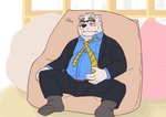 anthro blush bottomwear clothing cute_fangs eyewear fangs glasses humanoid_hands kemono male necktie overweight overweight_anthro overweight_male pants shirt sitting solo teeth topwear ryuta-h bear mammal 2016