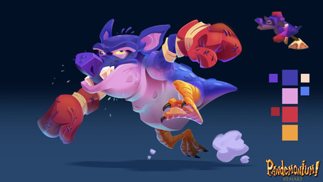 3_toes bandage bandaged_arm bent_legs black_talons blue_background blue_body blue_eyes blue_scales blue_tail bodily_fluids boxing_gloves closed_frown clothing color_swatch derp_eyes dust_cloud featureless_crotch feet fist frown gradient_background handwear light male midair mouth_closed multicolored_body multicolored_scales multicolored_tail purple_body purple_inner_ear purple_scales purple_tail red_boxing_gloves red_clothing red_handwear running saliva scales semi-anthro simple_background solo tail talons teeth title toes yellow_sclera giacomo_boni pandemonium!_(series) toys_for_bob boxing_goon monster 16:9 2020 4k absurd_res adobe_photoshop_(artwork) colored digital_drawing_(artwork) digital_media_(artwork) english_description hi_res lighting reference_image shaded widescreen