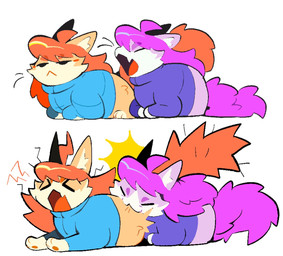bite blue_clothing blue_shirt blue_topwear clothing duo female feral hair orange_hair purple_hair shirt simple_background sitting topwear white_background ache13337003 celeste_(game) madeline_(celeste) domestic_cat felid feline felis mammal 2025 hi_res