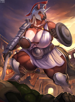 anthro armor big_breasts blonde_hair breasts cleavage clothed clothing female gladiator group hair headgear helmet huge_breasts huge_hips huge_thighs melee_weapon muscular muscular_anthro muscular_female sash shield side_boob solo_focus thick_thighs unconvincing_armor under_boob warrior weapon wide_hips ocaritna equid equine mammal 2026