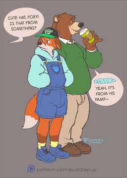anthro beverage biped blue_clothing blue_footwear blue_shoes brown_body brown_clothing brown_footwear brown_fur brown_shoes bulge clothed clothing coffee diaper diaper_under_clothing dipstick_tail duo footwear fur green_clothing green_shirt green_topwear hoodie male markings multicolored_body multicolored_fur orange_body orange_fur overalls overweight shirt shoes shortalls simple_background size_difference socks tail tail_markings text topwear wearing_diaper white_body white_fur yellow_clothing yellow_footwear yellow_socks puddlepup abuniverse peekabu bear canid canine fox mammal red_fox true_fox 2019 digital_media_(artwork) english_text