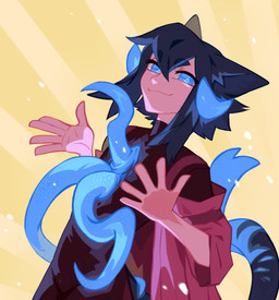 abstract_background black_hair blue_eyes blue_horn blue_tentacles brown_clothing brown_topwear closed_smile clothed clothing female hair horn looking_at_viewer mouth_closed narrowed_eyes pink_body pink_clothing pink_skin pink_topwear simple_background smile solo standing tentacles topwear unsigned corzh77 corzh_(corzh77) animal_humanoid felid felid_humanoid humanoid mammal mammal_humanoid absurd_res half-length_portrait hi_res portrait