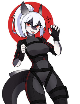 anthro athletic belt bite_mark bodysuit breasts buckle clothing female fingerless_gloves gloves hair handwear medium_breasts paw_pose ponytail pose red_eyes rolled_up_sleeves scar sharp_teeth skinsuit solo straps tactical_gear teeth tight_clothing tongue tongue_out white_hair catlad vespyr_(catlad) aquatic barracuda fish istiophoriform