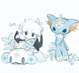 ambiguous_gender anthro bodily_fluids gesture group hand_gesture pointing tail tears trio udmoxsg aquatic canid canine canis domestic_dog fish mammal monster hi_res