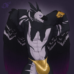 abs animal_genitalia anthro balls beak big_balls big_sheath black_beak black_body black_feathers claws clothing feathers flexing genitals gold_speedo grey_background ineffective_clothing logo looking_at_viewer male muscular muscular_male navel sheath simple_background solo white_body white_feathers white_sheath wings zeanlain zeanlain_(character) accipitrid accipitriform avian bird eagle harpy_eagle 1:1 2022 artist_logo colored hi_res