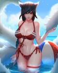 2017 4:5 5_fingers ahri_(lol) animal_humanoid ball beach beach_ball big_breasts bikini black_body black_fur black_hair breasts canid canid_humanoid canine canine_humanoid cleavage clothed clothing cloud day detailed_background facial_markings female fingers fox_humanoid fur hair head_markings hi_res humanoid inflatable league_of_legends legs_in_water mammal mammal_humanoid markings mcdobo_(artist) multi_tail navel outside partially_submerged pool_toy riot_games seaside simple_background sky smile solo standing standing_in_water submerged_legs swimwear tail tencent thick_thighs water whisker_markings white_body white_fur wide_hips yellow_eyes