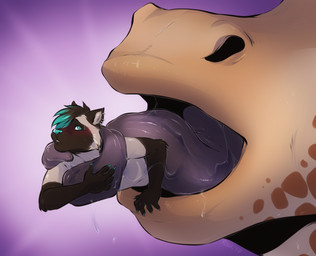 ambiguous_fluids ambiguous_form ambiguous_gender anthro blush bodily_fluids dominant dripping drooling duo ear_piercing ear_ring extreme_size_difference flexible_tongue imminent_vore larger_dom long_tongue lying male male/ambiguous male_anthro micro mouth_play mouth_shot nude_anthro nude_male on_front open_mouth oral_vore partially_inside piercing purple_background ring_piercing saliva saliva_drip saliva_on_tongue saliva_string simple_background size_difference smaller_anthro smaller_male soft_vore tongue tongue_around_body tongue_coil tongue_coiling tongue_out tongue_wrapped trapped vore rooc domestic_cat felid feline felis giraffe giraffid mammal 2017 hi_res