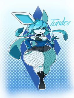 alternative_fashion anthro big_breasts breasts choker clothing female fishnet_clothing fishnet_legwear goth huge_hips huge_thighs hyper hyper_thighs jewelry legwear necklace solo thick_thighs wide_hips cinderdraws nintendo pokemon tundra_(eeveemasterannaki) eeveelution generation_4_pokemon glaceon pokemon_(species)