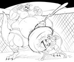 anthro ballbusting balls bandage belly big_balls big_belly bottomwear boxing clothing cock_and_ball_torture duo ejaculation eyewear fight fighting_ring genital_torture genitals huge_balls hyper hyper_balls hyper_genitalia male male/male musclegut muscular penis shorts size_difference sport sunglasses reagan700 vincent_(vincent) canid canine canis domestic_dog kangaroo macropod mammal marsupial hi_res monochrome