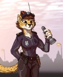 anthro biped clothed clothing detailed_background female flashlight fully_clothed gun handgun holding_object muscular muscular_anthro muscular_female outside pistol police police_uniform ranged_weapon solo standing street_lamp sunrise uniform weapon yellow_sclera tirrel cheetah_cop_(tirrel) cheetah felid feline mammal 2015