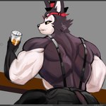 alcohol anthro back_muscles beverage clothed clothing container cup drinking_glass glass glass_container glass_cup looking_at_viewer male muscular muscular_male overalls partially_clothed rear_view solo tiburalgo hazbin_hotel husk_(hazbin_hotel) 1:1