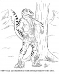 1997 anthro balls biped black_and_white clothed clothing dinosaur do_not_distribute dromaeosaurid english_text genitals half-erect kaa_bakensobek male monochrome nipples non-mammal_balls non-mammal_nipples outside penis prehistoric_species reptile scalie simple_background solo tail text theropod velociraptor white_background