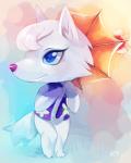 anthro blue_eyes clothing dress female fur grass plant simple_background sky smile solo star umbrella white_body white_fur castiell kohtek animal_crossing nintendo whitney_(animal_crossing) arctic_wolf canid canine canis mammal wolf 2016