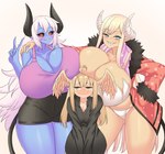 big_breasts black_sclera blonde_hair blush boob_hat breast_size_difference breasts cleavage clothed clothing female gesture green_eyes group hair hand_gesture horn huge_breasts huge_thighs humanoid_pointy_ears hyper hyper_breasts narrowed_eyes orange_eyes pointy_ears pupils sharp_teeth size_difference smile standing tail teal_eyes teeth thick_thighs trio unusual_pupils v_sign white_hair wide_hips wings puffywaffles aohada_kyonyuu demon demon_humanoid horned_humanoid humanoid winged_humanoid hi_res