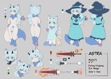 aged_down anthro armwear big_tail clothed clothing detached_sleeves dress femboy flaccid genitals green_eyes hair hat headgear headwear horn humanoid_genitalia humanoid_penis long_hair long_tongue magic magic_user male melee_weapon nonsexualized_young nude pawpads paws penis plushie polearm ponytail pubes scarf smug solo spear staff sword tail tail_under_skirt text tongue weapon wide_hips wizard_hat young sukiya astra_(bluesyde) canid canine felid feline fox hybrid mammal absurd_res english_text hi_res model_sheet