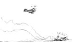 aircraft airplane ambiguous_gender biplane black_and_white comic destroyed_vehicle dialogue english_text flying hi_res hladilnik monochrome onomatopoeia plane_crash propeller simple_background sketch sky smoke sound_effects text vehicle white_background world_war_1 wreckage