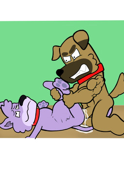 abdominal_bulge anal anthro bodily_fluids cum cum_while_penetrated ejaculation genital_fluids male male/male muscular muscular_male penetration sex kogo purren_(kogo) rover_(kogo) canid canine canis domestic_cat domestic_dog felid feline felis mammal letterbox