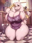 2023 anthro apron apron_only areola areola_slip big_breasts boss_monster_(undertale) bovid breasts bucket caprine cleaning clothing container english_text eyewear female fur glasses gloves goat handwear hi_res holding_object horn huge_breasts kitchen kneeling looking_at_viewer mammal mature_anthro mature_female on_ground secretly_saucy smile solo speech_bubble text thick_thighs toriel undertale undertale_(series) white_body white_fur wide_hips