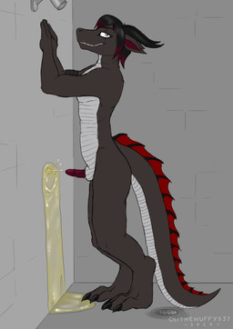 anthro bodily_fluids digitigrade genital_fluids genitals male nude peeing peeing_in_shower peeing_on_wall penile_spines penis solo standing urine urine_on_wall watersports olithewuffy537 mythology sikav_farkas dragon mythological_creature mythological_scalie scalie absurd_res hi_res